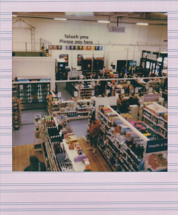 services-01 Aerial view of a bustling store captured with a vintage instant camera.